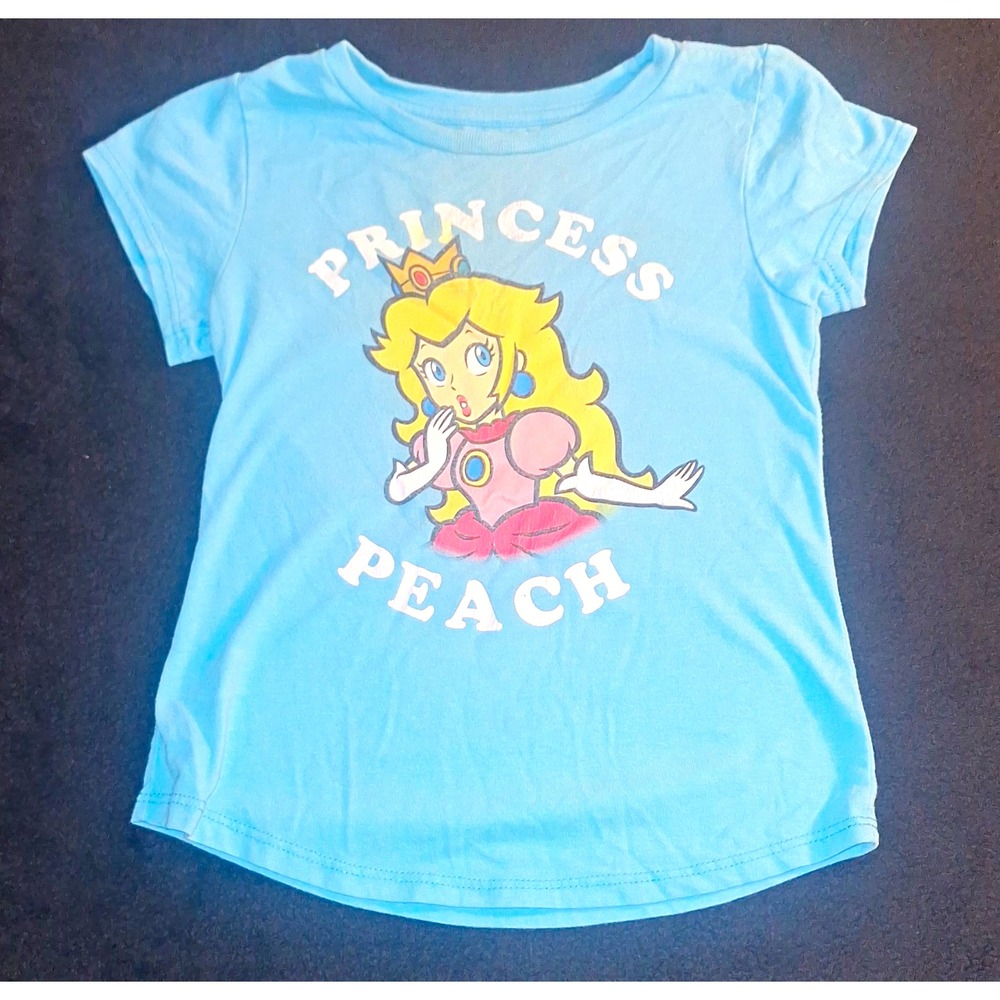 Super Mario Princess Peach Blue Graphic Cotton Crew Neck T-Shirt Kids XS